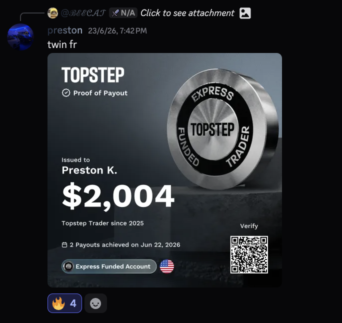 Preston K. — Topstep proof of payout, $2,004, Express Funded