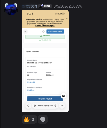 Topstep eligible payout request, $1,698