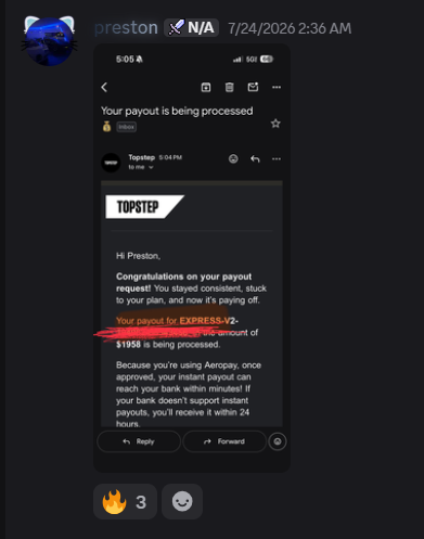 Topstep payout of $1,958 being processed