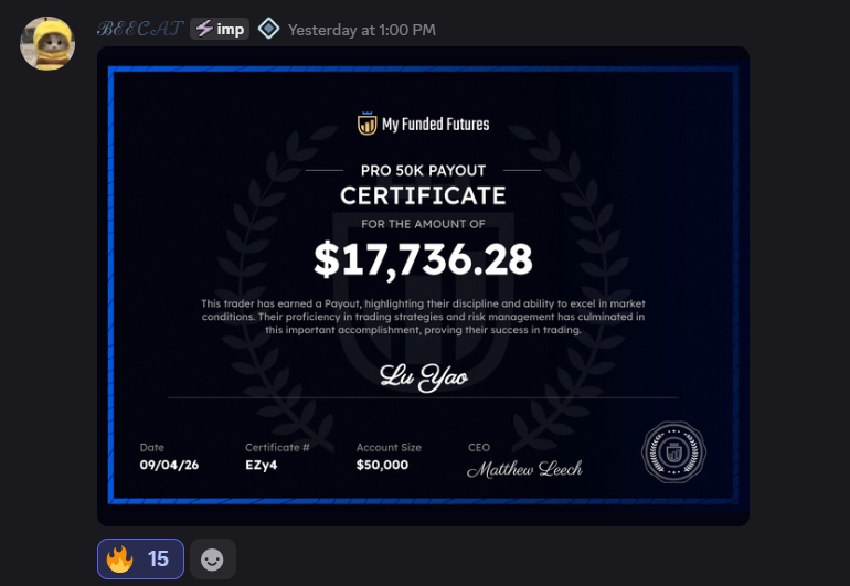 My Funded Futures Pro 50K payout certificate, $17,736.28